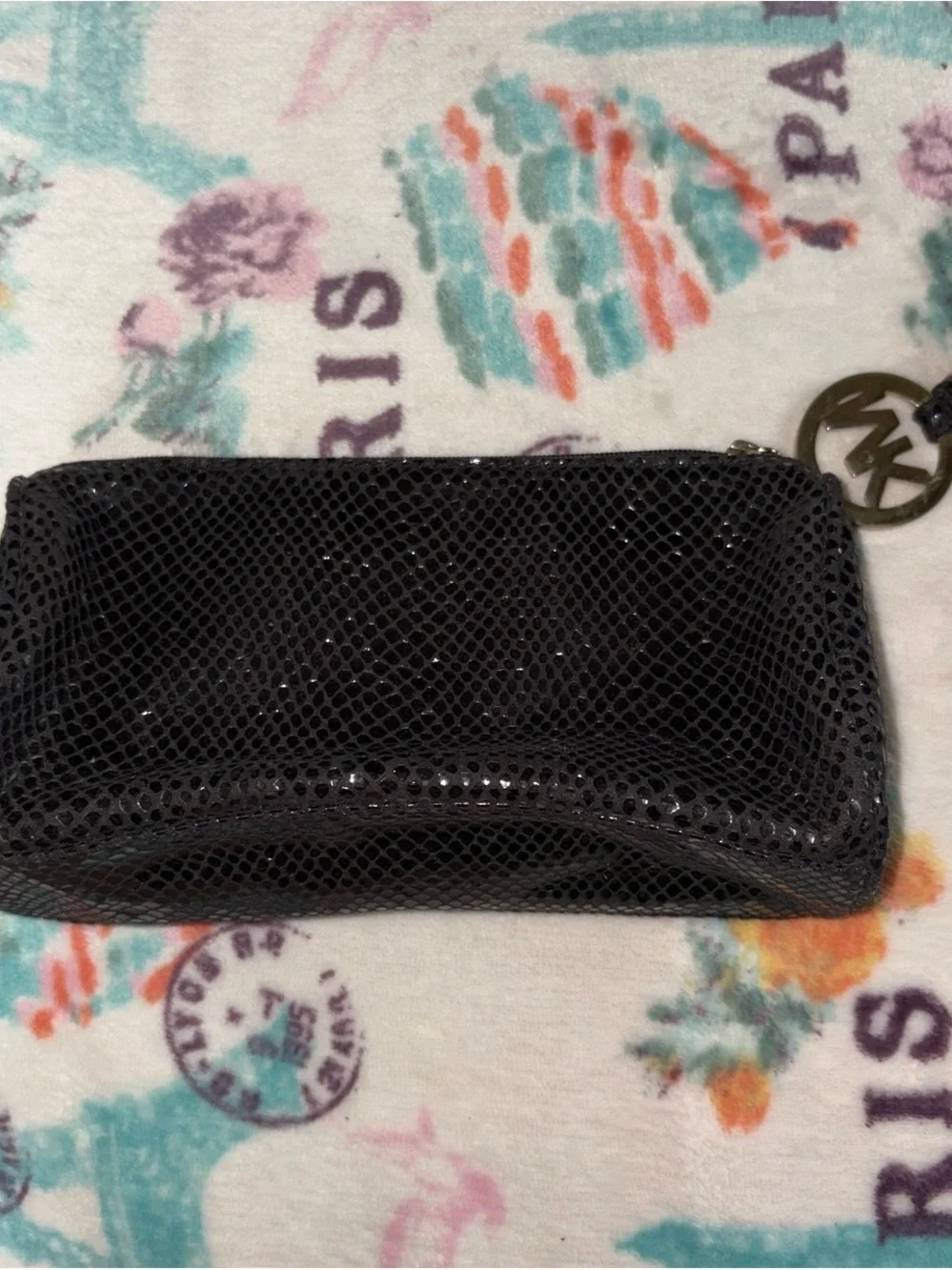 Michael Kors Black Snake-Embossed Cosmetic Pouch with Logo Charm